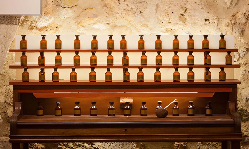 Rows of reference formula bottles in the Maison Formulas archive